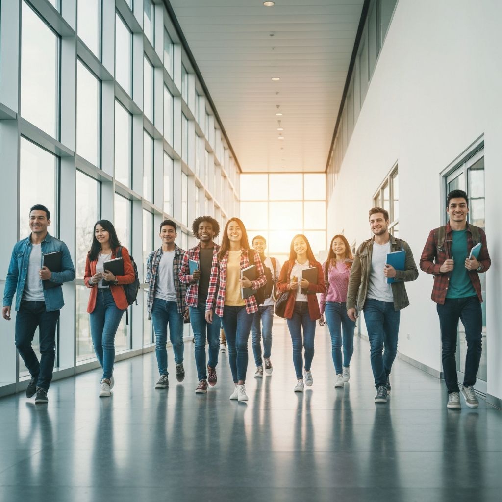 Estudantes universitários caminhando em corredor moderno e iluminado